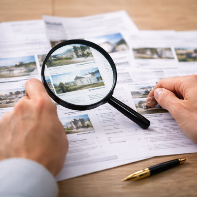 Une main tenant une loupe sur des fiches de propriétés immobilières.