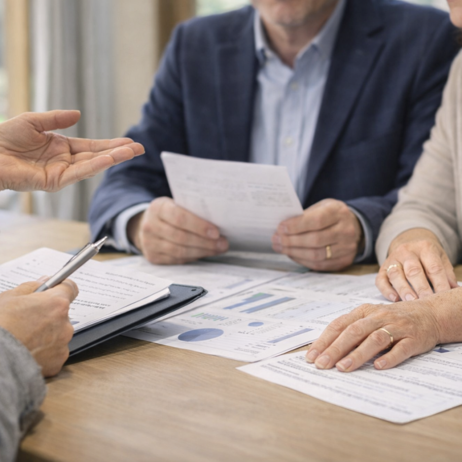 Expert immobilier échangeant avec des clients autour d’un dossier