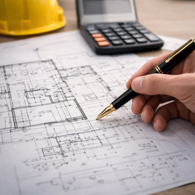 Plan architectural avec un stylo, une calculatrice et un casque de chantier en arrière-plan.